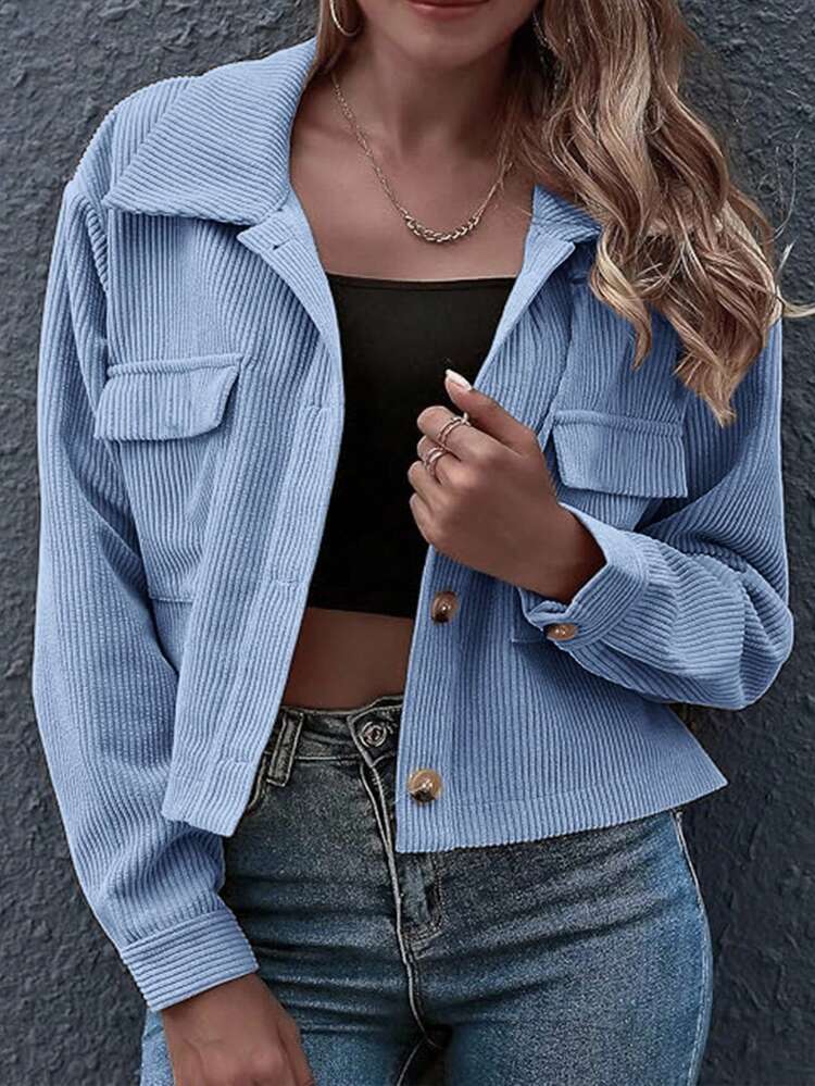 SHEIN LUNE Plus Size Casual Smart Casual Versatile Solid Color Cropped Jacket Office Fall - Baby Blue - View 3