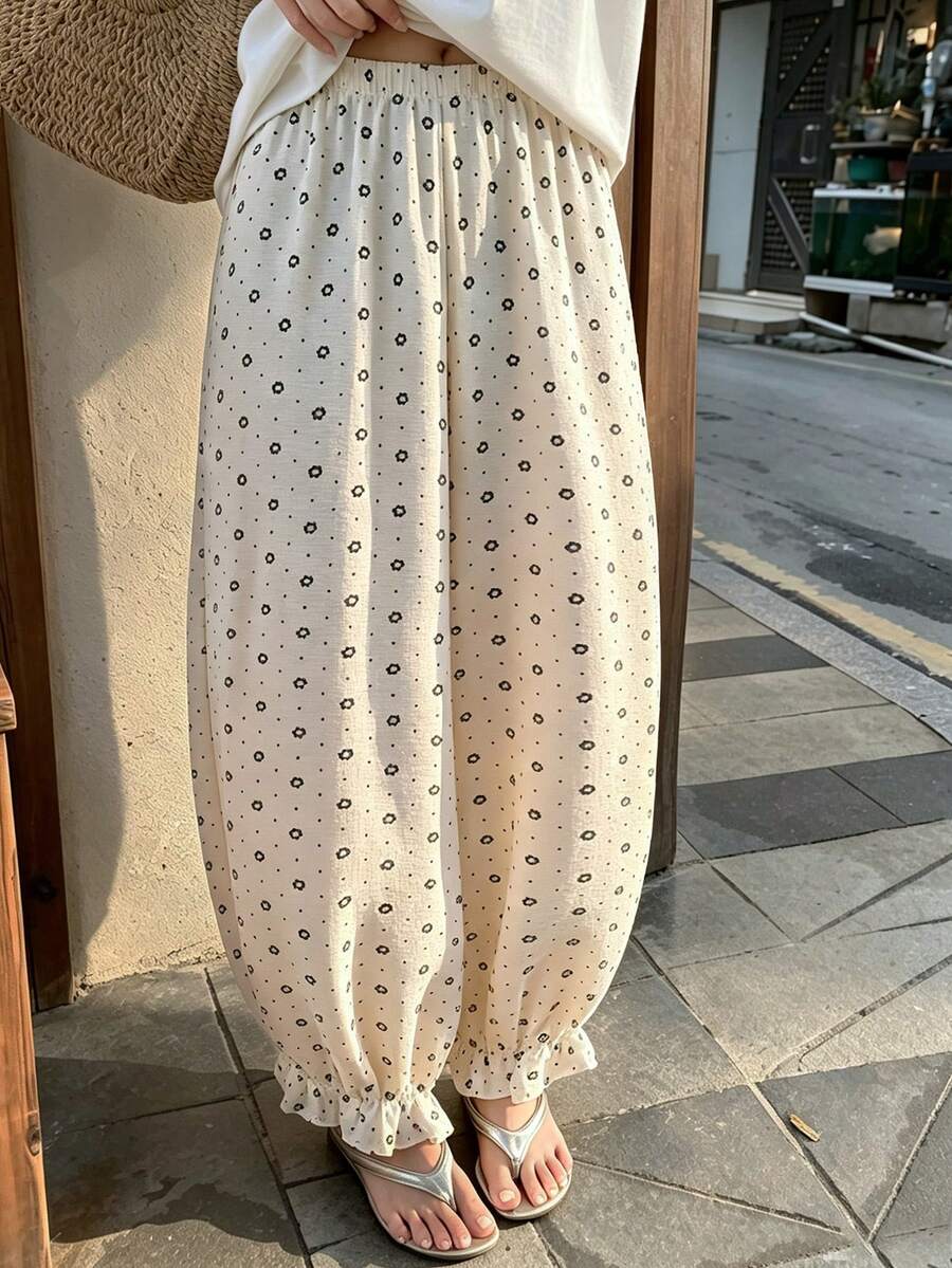 DAZY Summer Autumn Floral & Polka Dot Loose Ruffle Lantern Pants Women's Pajama Bottoms - Beige - View 1