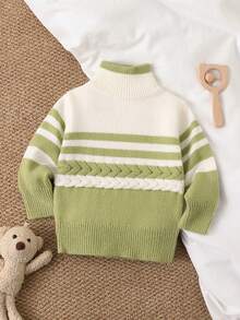 SHEIN 可愛卡通刺繡嬰兒圓領長袖套頭毛衣 休閒日系可愛風 綠色與白色條紋 秋季家庭款 - 彩色 - 查看 1