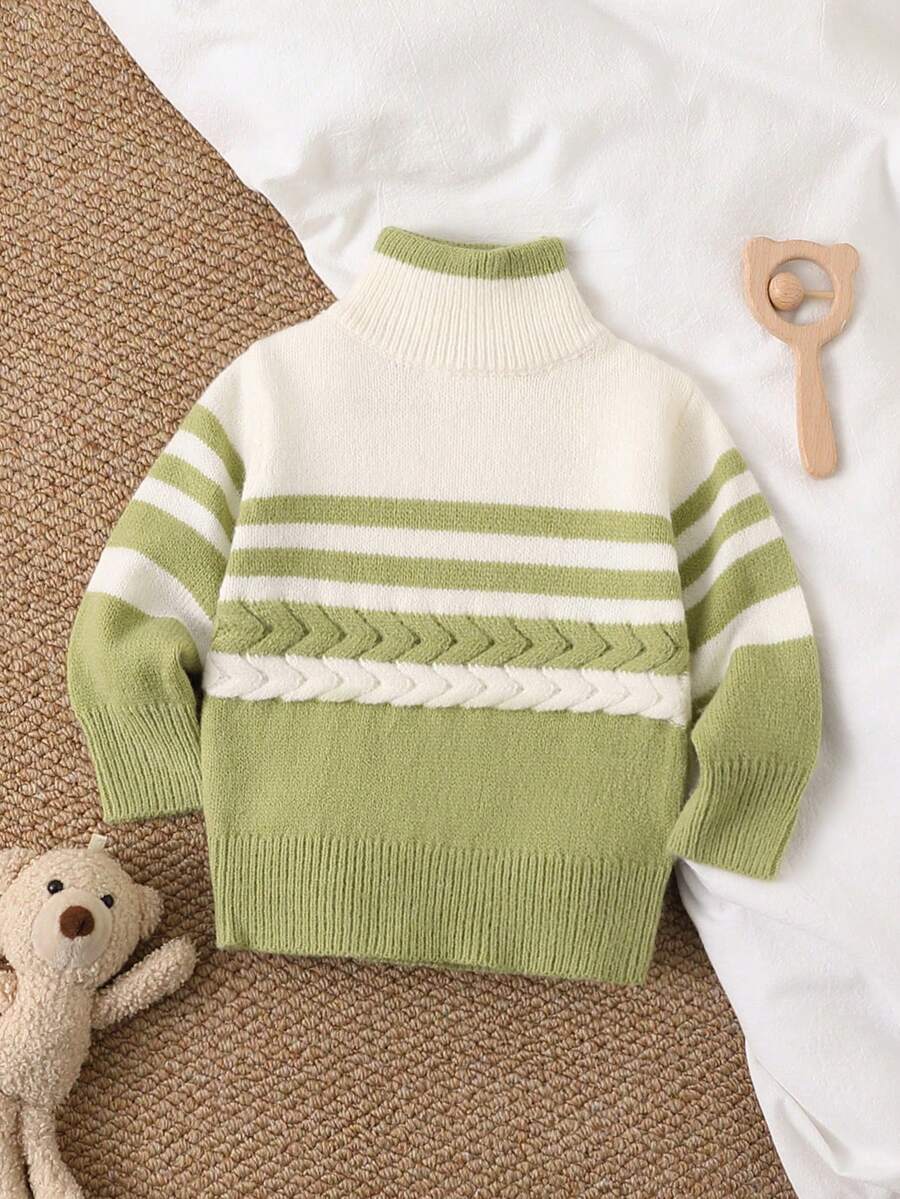 SHEIN 可愛卡通刺繡嬰兒圓領長袖套頭毛衣 休閒日系可愛風 綠色與白色條紋 秋季家庭款 - 彩色 - 查看 1