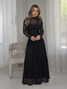Jemour Women's Autumn/Winter Lace Ruched Bodycon Dress, Versatile For Outings, Date Nights, Theme Parties, Celebrations Elegant Black - Black - View 1