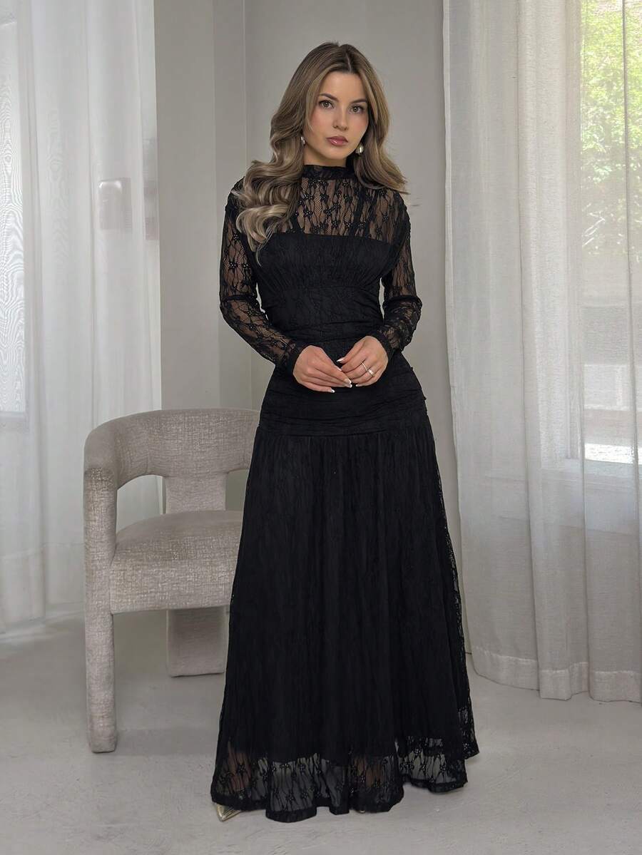 Jemour Women's Autumn/Winter Lace Ruched Bodycon Dress, Versatile For Outings, Date Nights, Theme Parties, Celebrations Elegant Black - Black - View 1