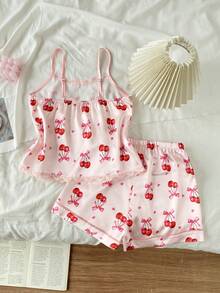 2pcs Set Piyama Nyaman untuk Anak Perempuan, Terbuat dari Sutra Imitasi dengan Motif Beruang Bergaris dan Atasan Camisole serta Celana Pendek - Baby Pink - View 2