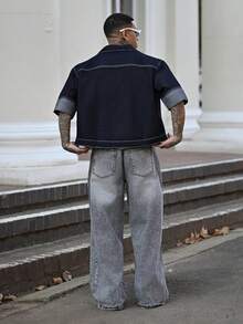 Devon Thys Men's Street Fashion Distressed Patchwork Vintage Washed Wide Leg Pants - Light Grey - View 2