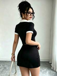 Franclia 女款夏季休閒拼色拼接上衣與裙子套裝 - 黑與白 - 查看 3