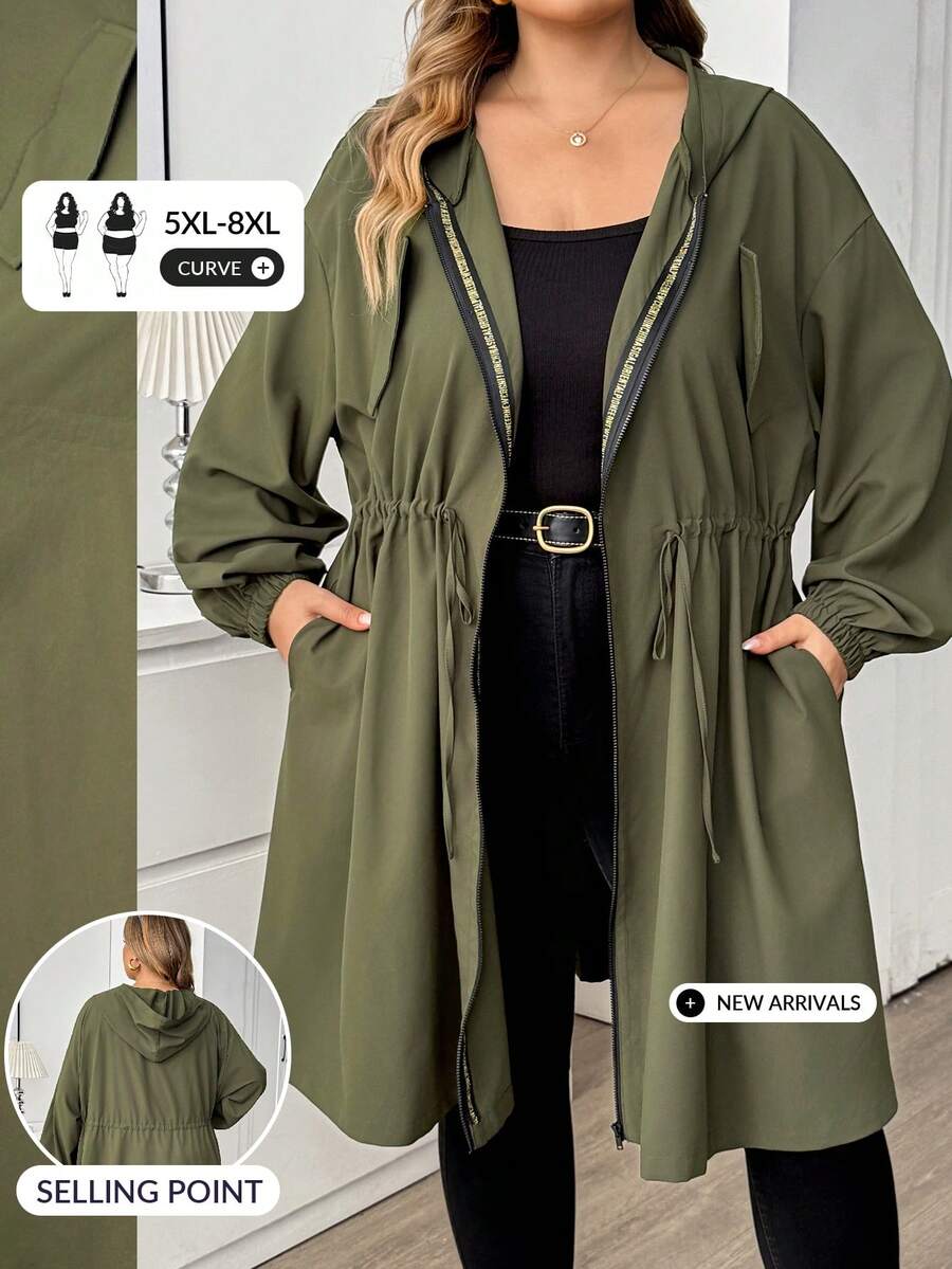 SHEIN CURVE+ 大尺碼純色連帽拉鍊休閒長袖夾克,2026 秋冬 22W - 綠色 - 查看 1