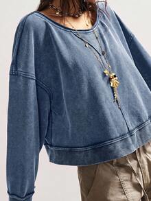 Bohemela Women's Casual Solid Color Knit Crew Neck Loose Washed Sweatshirt Off The Shoulder Sweatshirt Off Th - Blue - View 5
