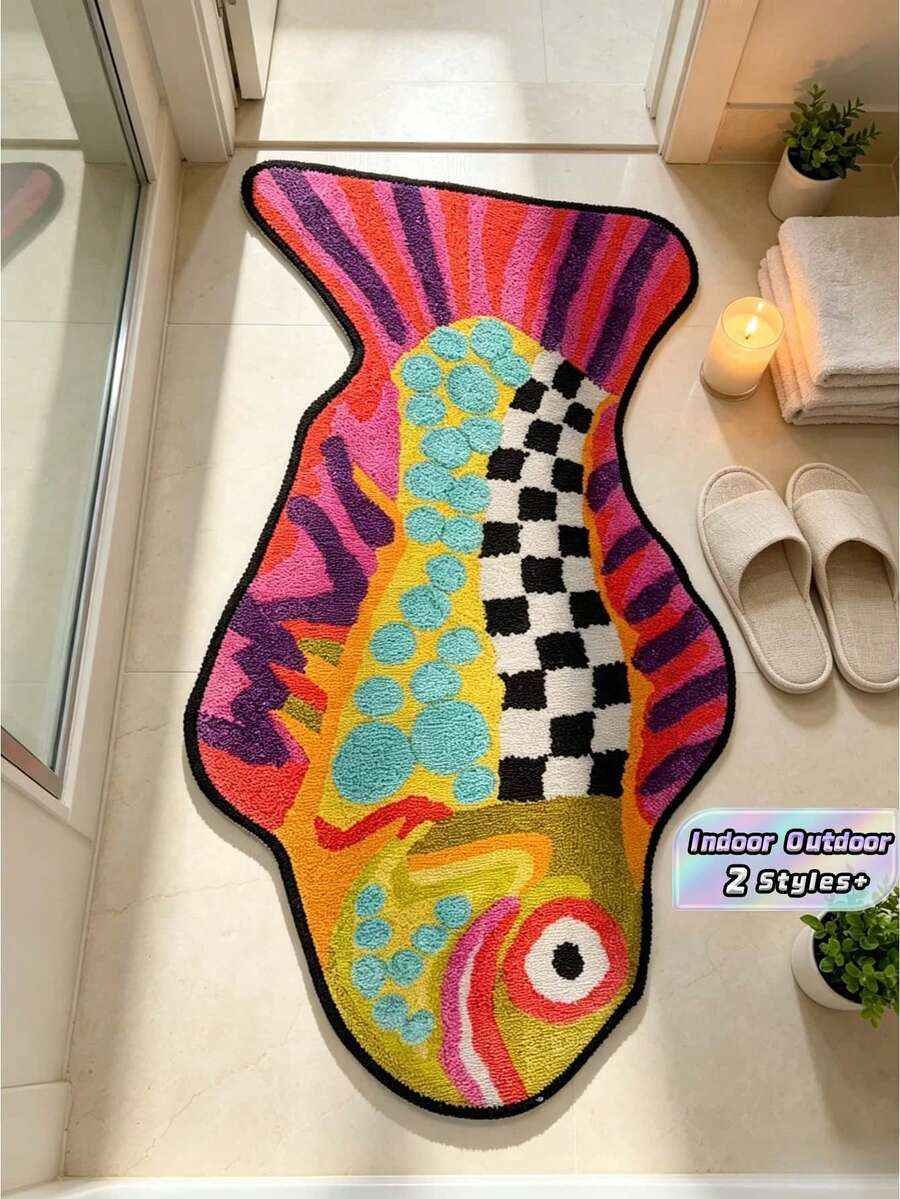 1PC Standard Size Fish Shape Pattern Printed Bath Mat With Non Slip Plastic Base Durable Absorbent Quick Drying Comfortable For Bathroom Floor Living Room Hallway Entryway Home Decor Essential - Multicolor - View 1