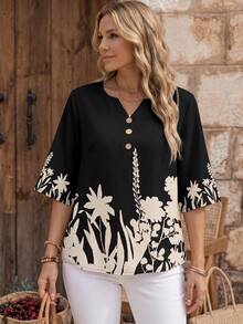 EMERY ROSE Camisa casual de mujer con cuello en V y estampado de plantas para vacaciones - Negro - Ver 3