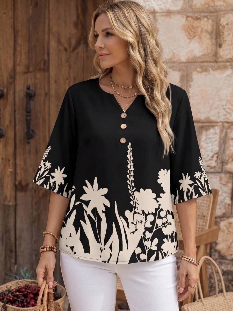 EMERY ROSE Women's Vacation Plant Pattern V-Neck Casual Shirt,Summer Top - Black - View 1