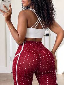 BamGleam Women's Burgundy Colorblock Casual Daily Travel Sports Tight Leggings Gym Prom Summer - Red and White - View 3