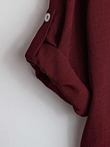 Rusticease Plus Size Women Solid Color Deep V-Neck Roll Sleeve Casual Shirt Fall - Burgundy - View 5