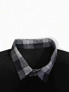 Manfinity Homme Men's Plus Size Casual Plaid Patchwork Pocket Single-Breasted Shirt - Black - View 4