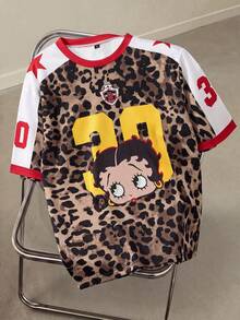 Betty Boop x SHEIN 大码女式豹纹插肩短袖T恤 - 白色 - 查看 1