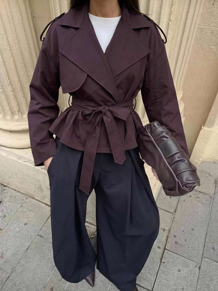Aloruh 女款優雅極簡純色風衣外套，早秋長袖老錢風