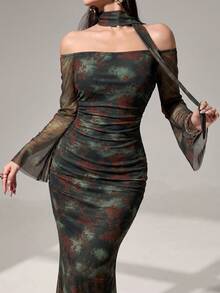 Modelyn New Chinese Style Off-Shoulder Mesh Dress, Dark Green & Red Flocked Ditsy Floral, Slim Fit Waist, Mermaid Tail Long Dress With Neck Ribbon - Dark Green - View 1