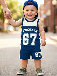 2pcs Baby Boy Casual Sports Set, Logo & Numeral Print Round Neck Tank Top Paired With Numeral Print Shorts, Suitable For Summer Outings - Multicolor - View 2