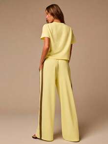 Athîral Women's Casual Letter Embroidered Top Contrast Color Pants Pale Yellow Pastel Yellow 2pcs Set Summer Clothes Going Out Gym Workout Sportswear - Yellow - View 2