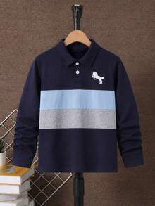 SHEIN Casuvi Kids 1件男童秋冬拼接長袖 Polo 衫，簡約時尚翻領，白色，舒適面料，適合返校季，亦適用於休閒運動與多種場合 - 彩色 - 查看 4