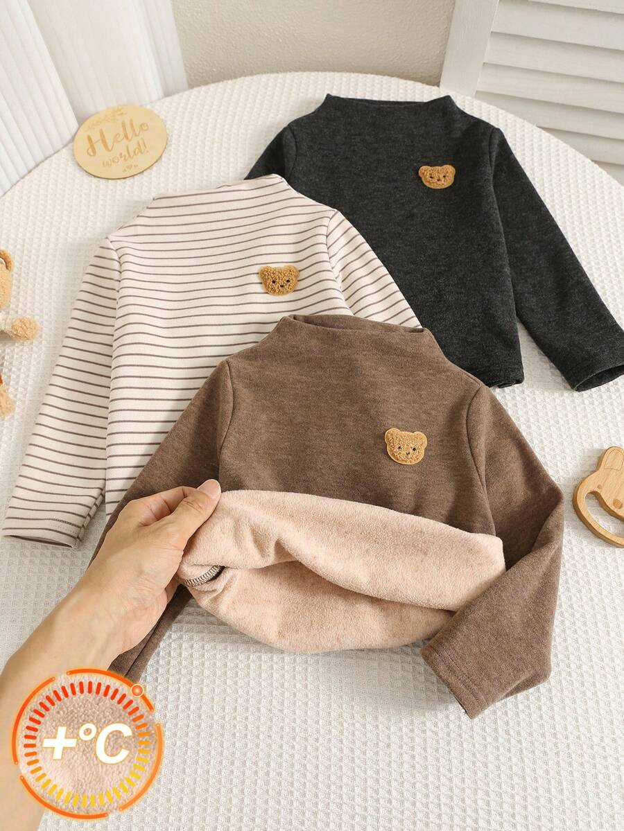 SHEIN 3件組男嬰卡通熊貼布針織軟綿圓領長袖套頭上衣,秋冬返校穿搭衣物 - 彩色 - 查看 1