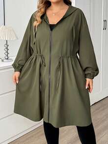 SHEIN CURVE+ 大尺碼純色連帽拉鍊休閒長袖夾克，2026 秋冬 22W - 綠色 - 查看 5