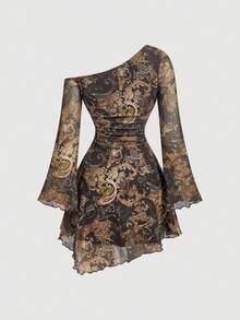 SHEIN MOD 女款復古遊牧波希米亞印花不對稱肩喇叭袖洋裝 - 彩色 - 查看 2