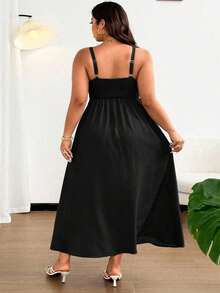 SHEIN CURVE+ 大码女士优雅纯色前系蝴蝶结吊带长款沙滩连衣裙，适合海滩、度假、派对、约会、音乐节、春夏穿着，百搭设计 - 黑色 - 查看 2