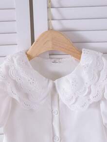 SHEIN Elladie kids 女童夏季休閒時尚荷葉花瓣袖短袖純色上衣，適合夏季休閒出遊，百搭單件上衣襯衫 - 白色 - 查看 7