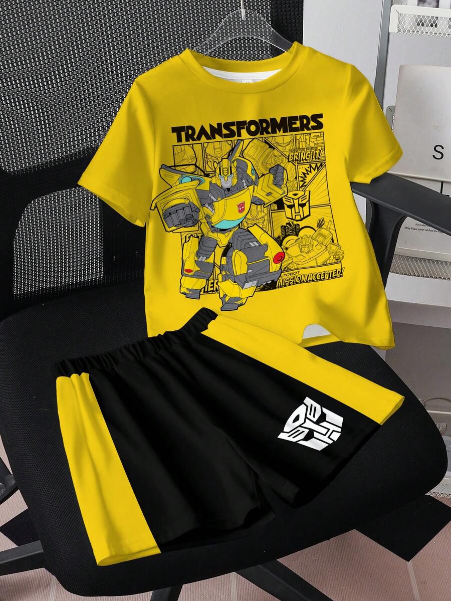 Transformers X SHEIN Young Boy Letter Print Short Sleeve T-Shirt And Shorts Set Evergreen - White - View 1