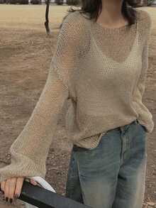 DAZY Women's Solid Color Loose Long Sleeve Crew Neck Thin Knit Sweater, Casual Vacation Spring/Autumn - Apricot - View 7