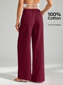 SHEIN Tall 100%水洗棉低腰直筒長褲 - 酒紅色 - 查看 2