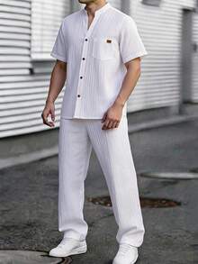 SHEIN 2件組青少年男孩寬鬆對比色圖案印花 Polo 領短袖針織上衣套裝，休閒風 - 白色 - 查看 10