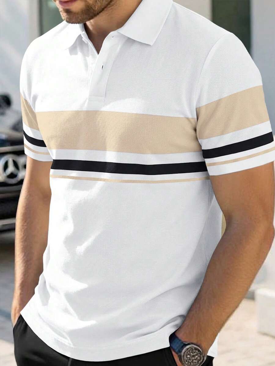Manfinity Mode 男士夏季休閒對比色條紋短袖 Polo 衫 - 彩色 - 查看 1