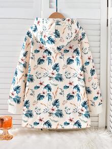 SHEIN 青少年女孩連帽加厚抓絨復古碎花中長版外套，秋冬款 - 彩色 - 查看 2