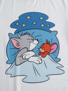 TOM & JERRY X SHEIN Plus Size Men's Colorblock Patchwork Cartoon Print Pajama Set - Blue and White - View 4