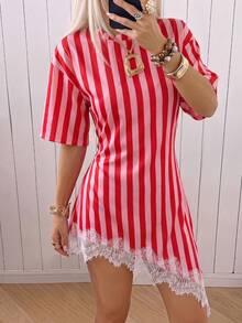 SHEIN EZwear 休閒度假風紅色直條紋滿版印花針織貼身洋裝，適合春夏度假 - 彩色 - 查看 3