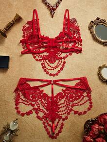 2pcs Floral Embroidery Sheer Mesh Lingerie Set, Extremely Alluring - Red - View 2