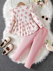 SHEIN Small Flutter Sleeve Printed Bow-Knot Ribbed Asymmetrical Hem Top Paired With Pink Solid Pants, Fashionable Cute Comfortable, Suitable For Outings And Spring/Summer/Autumn - Multicolor - View 2