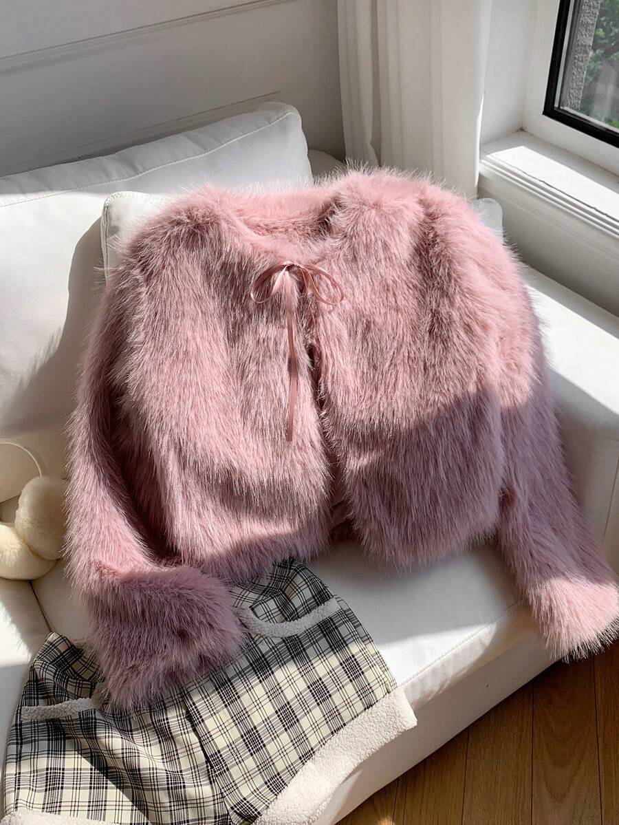 Comfortcana Women's Solid Color Long Sleeve Casual Fluffy Jacket In Fall/Winter - Pink - View 1