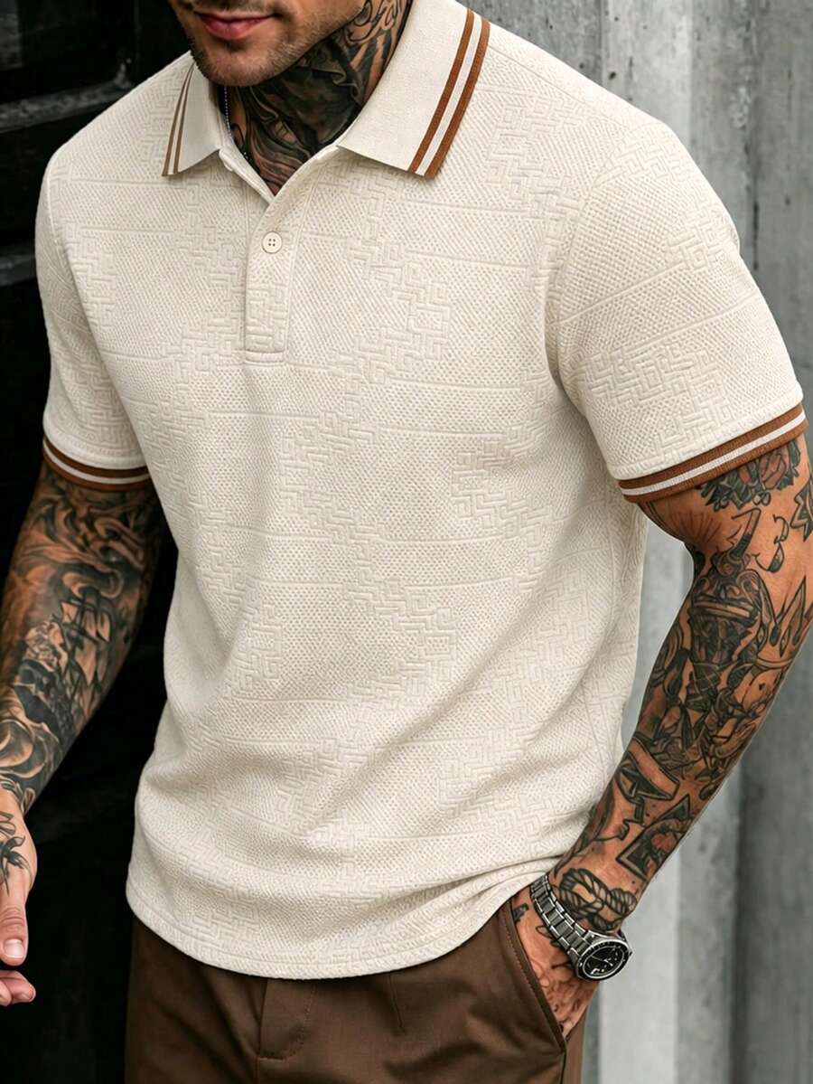 EGENSIO Men's Knitted Jacquard Solid Color Textured Collar & Cuffs Ribbed 2-Button Apricot Polo Shirt - Apricot - View 1
