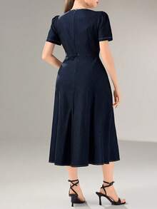 Feyla Plus Size Women's Metal Shell Decor Short Puff Sleeve Elegant Dress Fall - Navy Blue - View 3