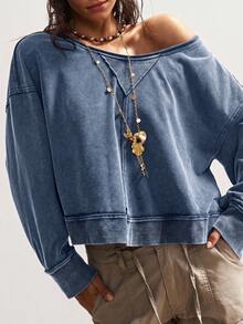 Bohemela Women's Casual Solid Color Knit Crew Neck Loose Washed Sweatshirt Off The Shoulder Sweatshirt Off Th - Blue - View 6