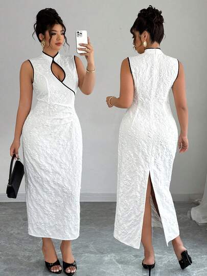 Elenzga Plus Size Elegant Party Cheongsam Midi Dress, Jacquard Fabric Sleeveless Keyhole Ruched Bodycon Dress