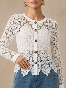 Almamuse White Embroidered Hollow Out Round Neck Casual Jacket For Women - White - View 1