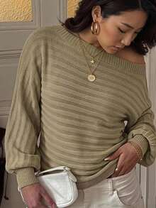 Easowa Boat Neck Batwing Sleeve Sweater,Long Sleeve Tops,Off The Shoulder Sweater In Autumn/ Brunch Khaki Casual - Mocha Brown - View 2