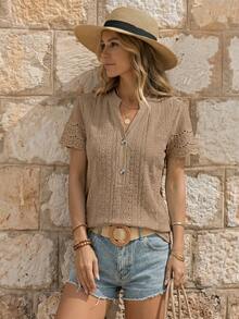 EMERY ROSE Ladies' Summer Short Sleeve Casual T-Shirt With Notched V-Neck And Button Decoration - Khaki - View 3