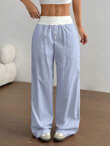 Flirla Women's Stripe Fabric Patchwork Contrast Color Pants Fall Cloth For Women - Baby Blue - View 5