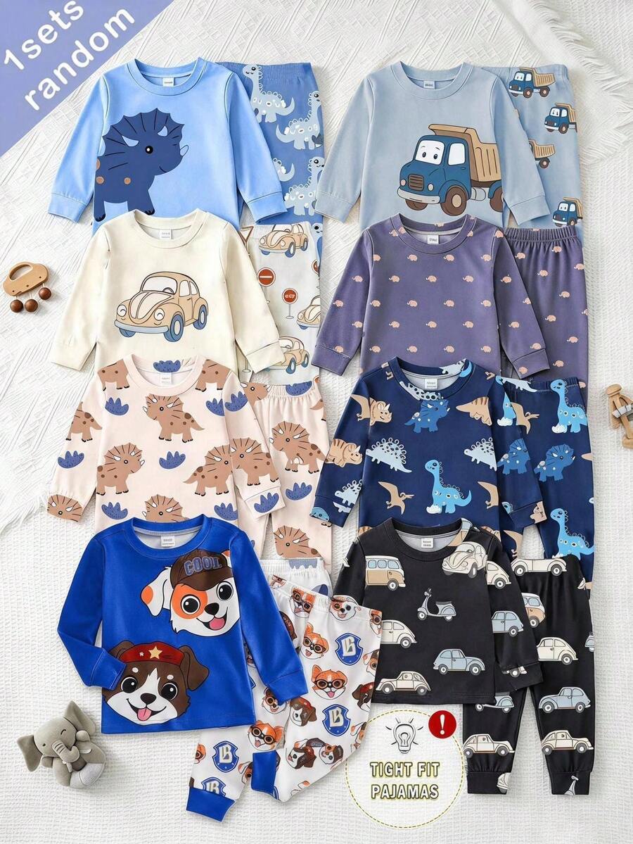 Cozy Pixies 嬰兒男孩女孩貼身舒適睡衣套裝,卡通動物圖案針織柔軟圓領長袖套頭上衣+內搭褲 2 件組,秋季藍白可愛款 - 彩色 - 查看 1