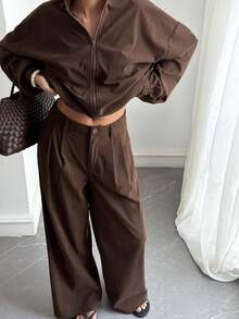 DAZY Women's Fashion Versatile Zipper Long Sleeve Shirt And Pocket Pants 2 Pieces Set Lounge Sets For Women - Brown - View 14