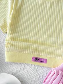 SHEIN 青少年女孩休閒粉黃拼色圓領短袖T恤與長褲兩件套 - 粉色 - 查看 6